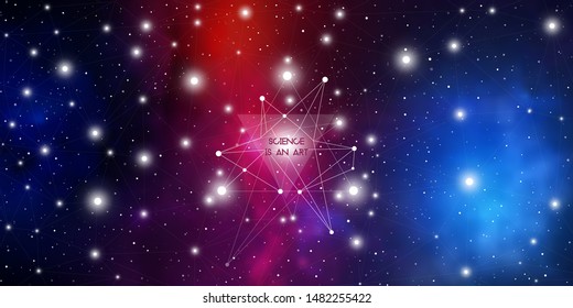 Widescreen futuristic technology illustration in front of outer space background with copy space. Cyberspace and network connection design template with glowing particles and geometric lines. 