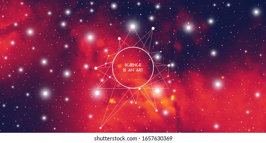 Widescreen futuristic technology illustration in front of outer space background with copy space. Cyberspace and network connection design template with glowing particles and geometric lines. 