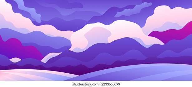 Ilustración horizontal panorámica del paisaje rural, inclinando suavemente los campos sobre un fondo celeste nublado.