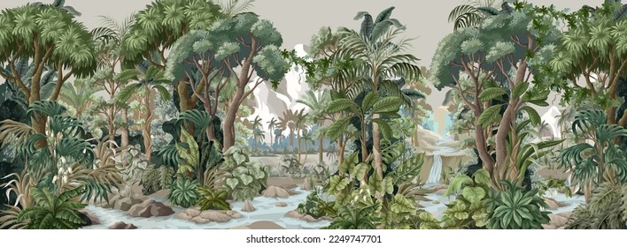 Widescreen jungle landscape with mountane, river and trees. Vector