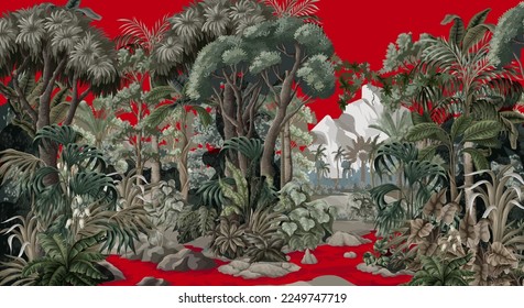 Widescreen jungle landscape with mountane, river and trees on the red background. Vector