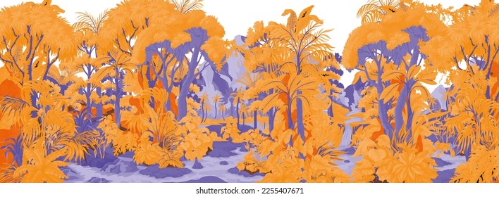 Widescreen jungle landscape with mountane, river and trees, orange color. Vector