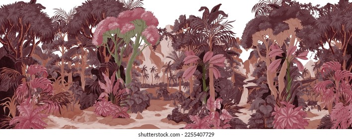 Un paisaje de selva panorámica con montaña, río y árboles, color burdeos. Vector