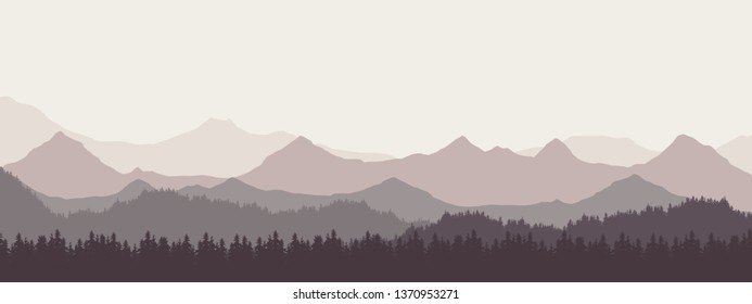 Widescreen realistic illustration of mountain landscape with forest and hills under retro gray sky and fog - vector suitable as banner