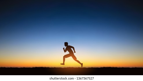 Widescreen Silhouette man sprint running on hill under sunset sky background