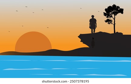 Breitbild Silhouette des Mannes, der auf der Bergklippe steht und auf Sonnenaufgang Hintergrund sieht