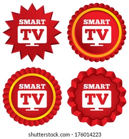 Widescreen Smart TV sign icon. Television set symbol. Red stars stickers. Certificate emblem labels. Vector