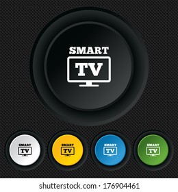 Widescreen Smart TV sign icon. Television set symbol. Round colourful buttons on black texture. Vector