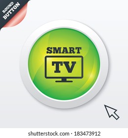 Widescreen Smart TV sign icon. Television set symbol. Green shiny button. Modern UI website button with mouse cursor pointer. Vector