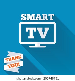 Widescreen Smart TV sign icon. Television set symbol. White flat icon with long shadow. Paper ribbon label with Thank you text. Vector