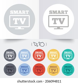 Widescreen Smart TV sign icon. Television set symbol. Round 12 circle buttons. Shadow. Hand cursor pointer. Vector