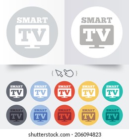 Widescreen Smart TV sign icon. Television set symbol. Round 12 circle buttons. Shadow. Hand cursor pointer. Vector