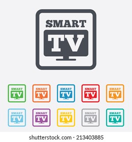 Widescreen Smart TV sign icon. Television set symbol. Round squares buttons with frame. Vector