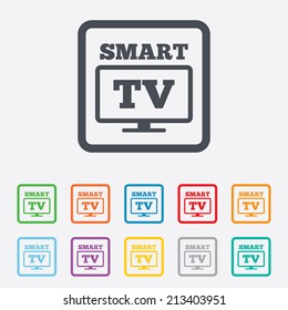 Widescreen Smart TV sign icon. Television set symbol. Round squares buttons with frame. Vector
