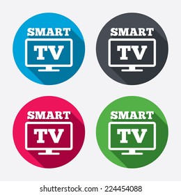 Widescreen Smart TV Sign Icon. Television Set Symbol. Circle Buttons With Long Shadow. 4 Icons Set. Vector