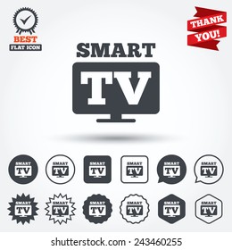 Widescreen Smart TV sign icon. Television set symbol. Circle, star, speech bubble and square buttons. Award medal with check mark. Thank you ribbon. Vector