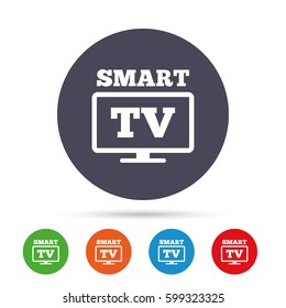 Widescreen Smart TV sign icon. Television set symbol. Round colourful buttons with flat icons. Vector