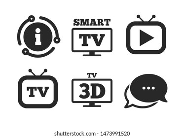 Widescreen symbol. Chat, info sign. Smart 3D TV mode icon. Retro television and TV table signs. Classic style speech bubble icon. Vector