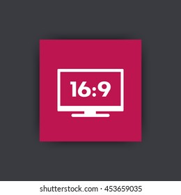widescreen tv icon, tag, aspect ratio 16:9, vector illustration