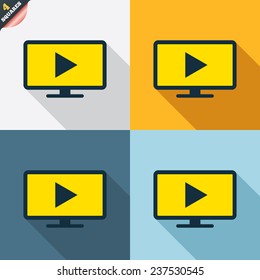 Widescreen TV mode sign icon. Television set symbol. Four squares. Colored Flat design buttons. Vector