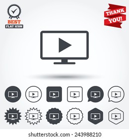 Widescreen TV mode sign icon. Television set symbol. Circle, star, speech bubble and square buttons. Award medal with check mark. Thank you. Vector