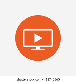 Widescreen TV mode sign icon. Television set symbol. Orange circle button with icon. Vector