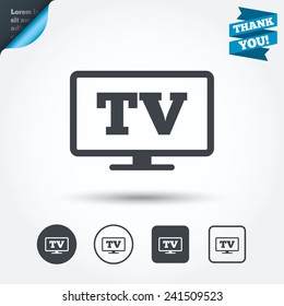 Widescreen TV sign icon. Television set symbol. Circle and square buttons. Flat design set. Thank you ribbon. Vector