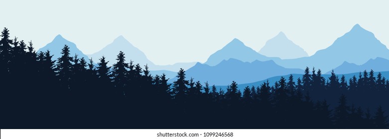 Widescreen Vector realistic illustration of mountain landscape with forest, under blue sky with clouds