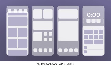 Widget screen mock-up. All sizes app widgets template. Square, rectangular, small and big phone frame. Application system buttons. Vector illustration.