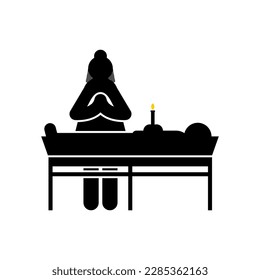 Widow sign icon. Widow at coffin. Funeral and deceased. concept of sorrow and suffering