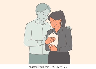 Widow woman mourns death of husband and holds urn with ashes, feeling support of deceased spouse. Grief of widow in need of help due to loneliness and melancholy causing depression