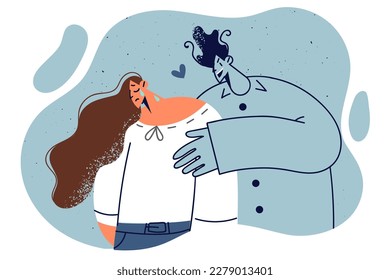 Widow woman mourns husband, bowing head, standing near spirit of man who hugged girl from back to support beloved. Widow mourns death of fiance who was injured in car accident or accident