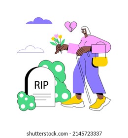 Widowed Person Abstract Concept Vector Illustration. Spouse Died, Sorrowful Elderly, Grieving Husband And Wife, Support Group, Loss Of Partner, Funeral, Gravestone, Memory Abstract Metaphor.