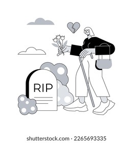 Widowed person abstract concept vector illustration. Spouse died, sorrowful elderly, grieving husband and wife, support group, loss of partner, funeral, gravestone, memory abstract metaphor.