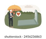 Widowed person isolated concept vector illustration. Spouse died, sorrowful elderly, grieving husband and wife, support group, loss of partner, funeral, gravestone, memory vector concept.