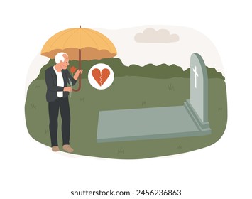 Widowed person isolated concept vector illustration. Spouse died, sorrowful elderly, grieving husband and wife, support group, loss of partner, funeral, gravestone, memory vector concept.