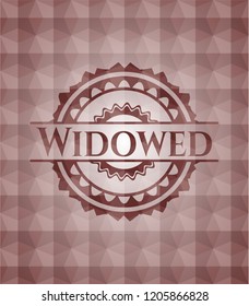 Widowed red seamless emblem or badge with abstract geometric pattern background.