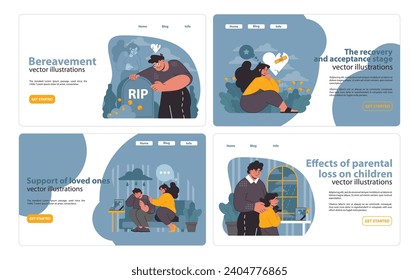 Widowhood experience web or landing. Visual storytelling of loss, compassion, and growth. Nurturing new beginnings. Flat vector illustration.