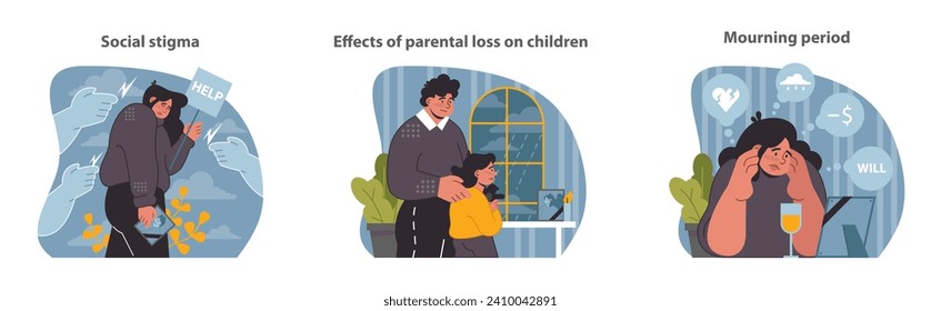 Widowhood phases set. Confronting social stigma, nurturing children post-loss, managing grief's financial toll. Flat vector illustration.