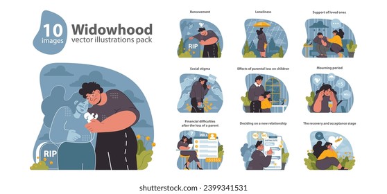 Widowhood-Set. Navigieren Sie das Leben nach dem Tod eines Ehepartners. Prozess beschleunigen, soziale Herausforderungen und Hoffnung finden. Flache Vektorgrafik.