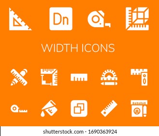 width icon set. 14 filled width icons. Included Ruler, Dimension, Measuring tape, Measure, Angle, Size, Rulers icons