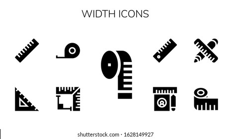 width icon set. 9 filled width icons.  Simple modern icons such as: Measuring tape, Angle, Tape measure, Ruler