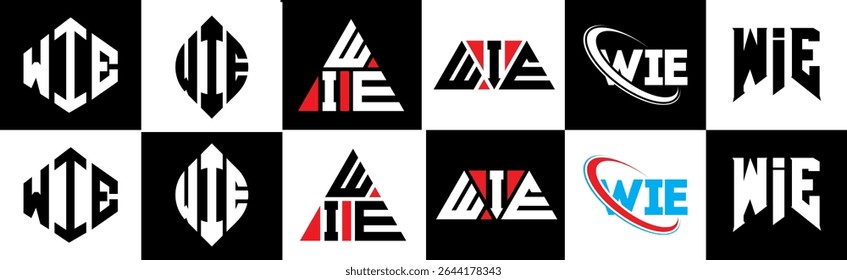 WIE letter logo design in six style. WIE polygon, circle, triangle, hexagon, flat and simple style with black and white color variation letter logo set in one artboard. WIE minimalist and classic logo