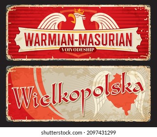 Wielkopolska and Warmian Masurian polish voivodeship plates and travel stickers. Vector vintage banners with Poland map, heraldic eagle in crown, shield and wings. Touristic grunge signs or boards