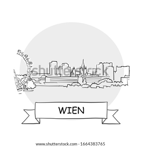 Wien Cityscape Vector Sign. Line Art Illustration with Ribbon and Title.