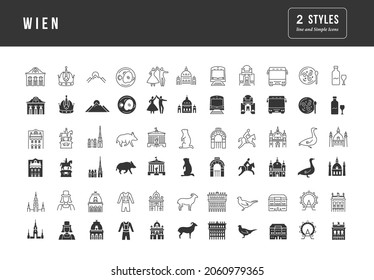 Wien. Collection of perfectly simple monochrome icons for web design, app, and the most modern projects. Universal pack of classical signs for category Countries and Cities.