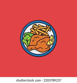 Wiener Schnitzel and french fries on a plate vector illustration, filled outline style, top view