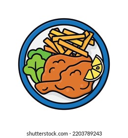 Wiener Schnitzel and french fries on a plate isolated vector illustration, filled outline style, top view