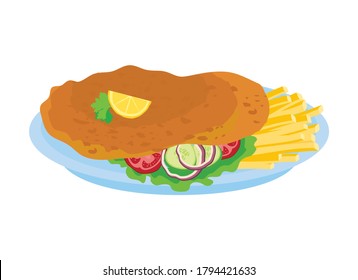 Wiener Schnitzel with french fries and salad icon vector. Fried schnitzel with garnish vector. Austrian cuisine specialty. Wiener Schnitzel icon isolated on a white background