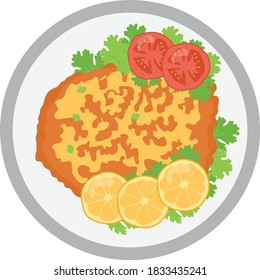 Wiener schnitzel garnished with lemon and parsle on Plate Concept,  Icon, National Dish of Austria Sign,Traditional cuisine Symbol, Gourmet food cooking and restaurant menu 